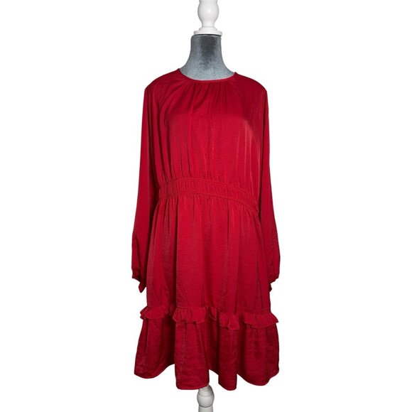 NWT Knox Rose Long Sleeve Satin Dress Large Keyhole-Neck Elastic Waist Red - Picture 2 of 10